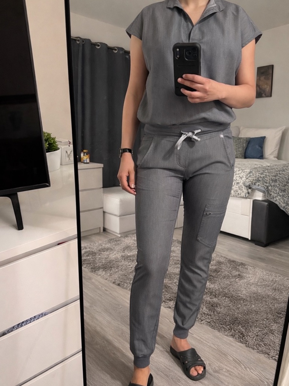 Figs Gray Rafaela Top with Drawstring Cargo Jogger Pants ( Scrub Set)